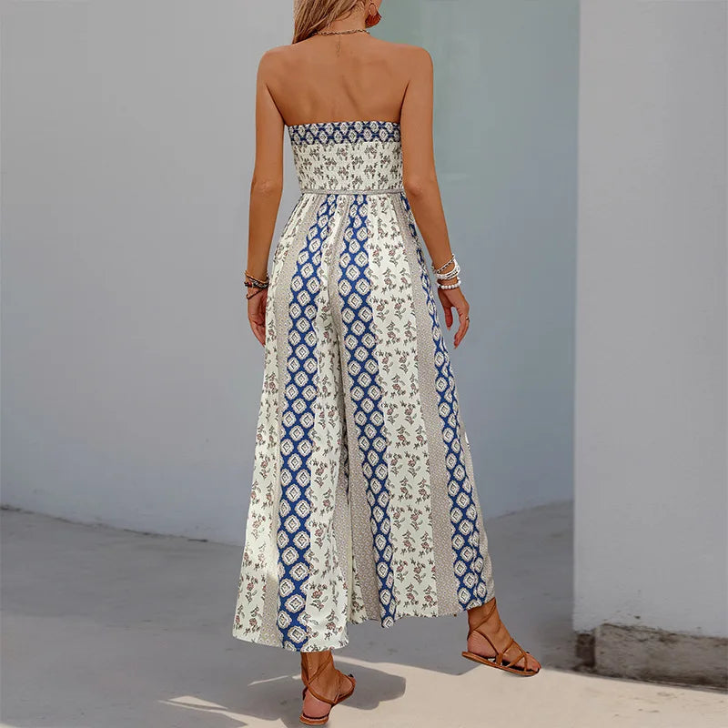 Printed Strapless Tube Top Tie Front Jumpsuit for Women