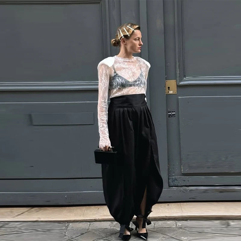 Sheer Lace Long Sleeve Blouse With Shoulder Pads for Women
