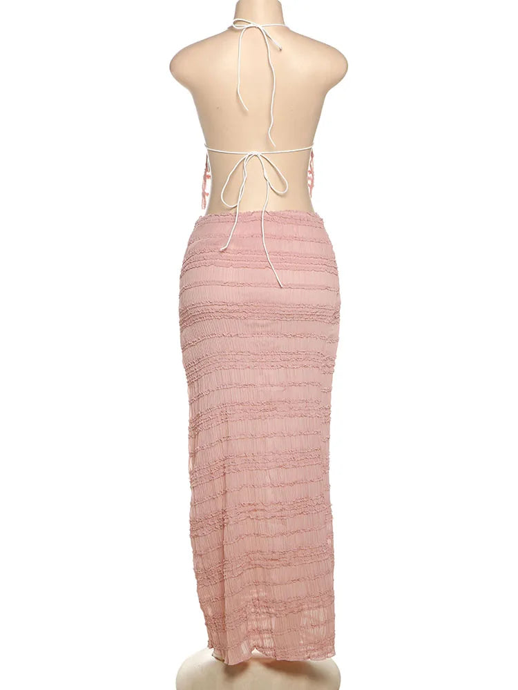 Elegant Backless Halter Two Piece Skirt Set for Women