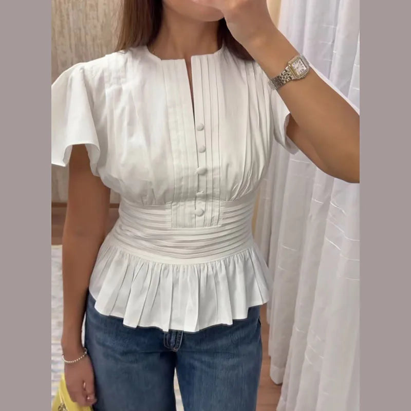 Elegant Puff Sleeve Cinched Waist Solid Color Blouse for Women