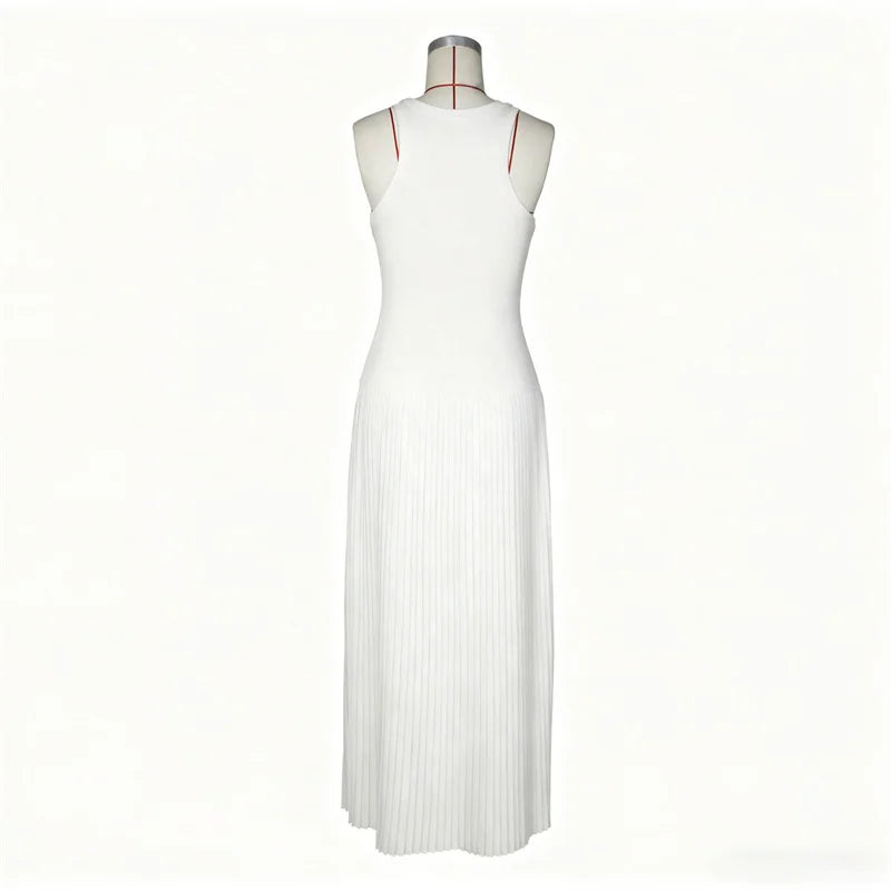 Side Striped Patchwork Pleated Sleeveless A Line Dress for Women