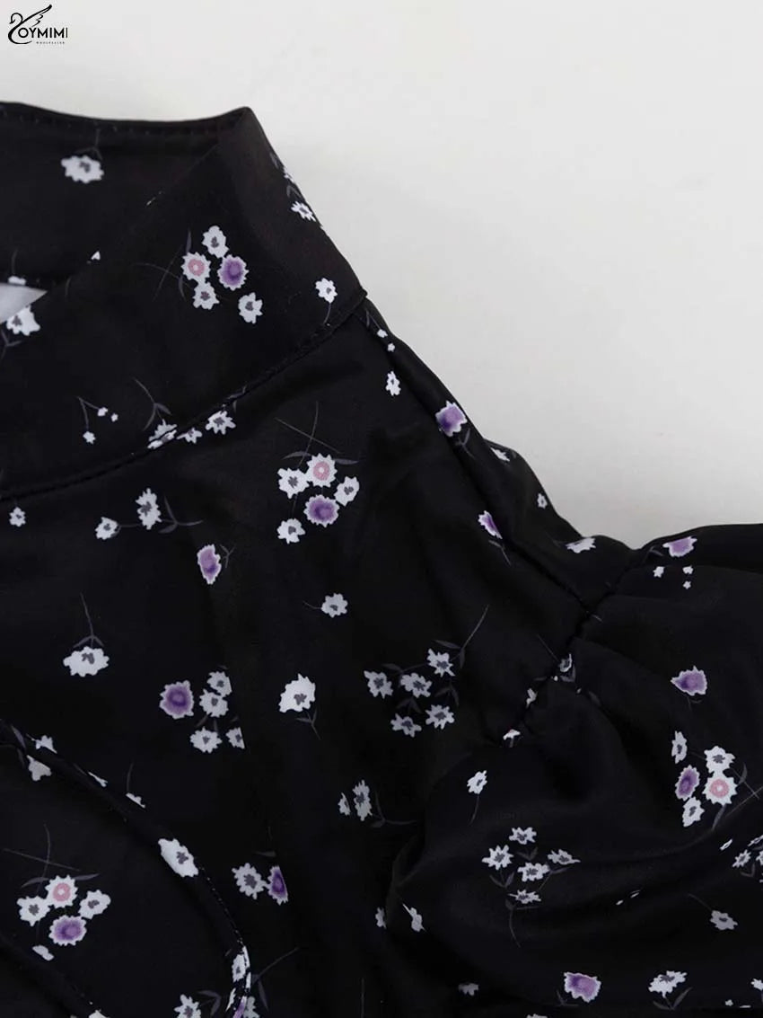 Oymimi Elegant Black White Womens Dresses Fashion Three Quarter Sleeve Hollow Out Dresses Casual High Waisted Mini Dress Female