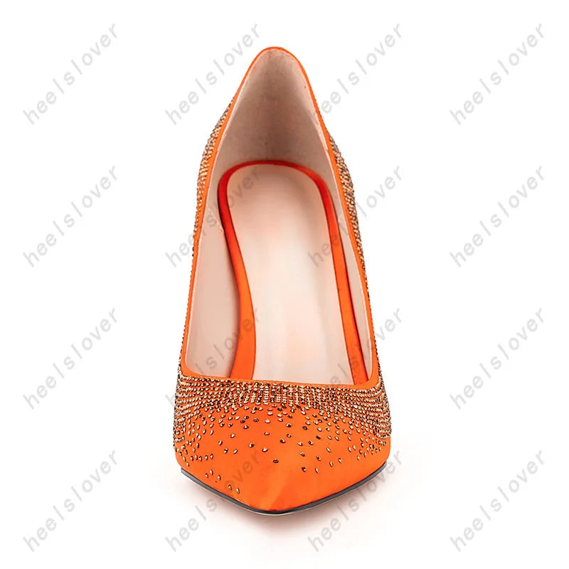Elegant Orange Rhinestone Pointed Toe Pumps For Women