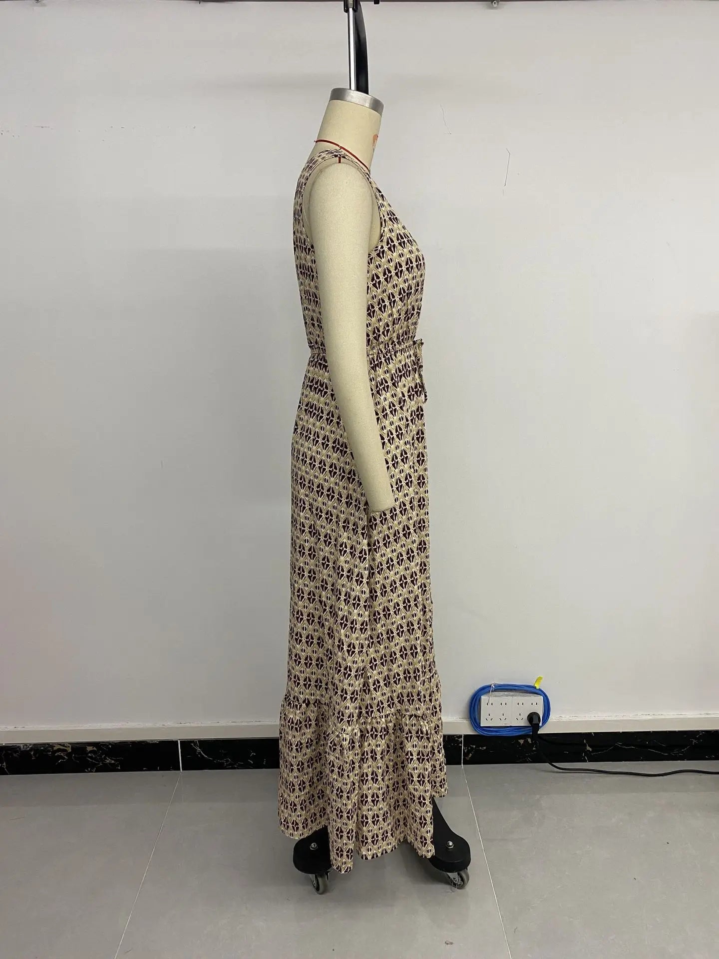 Printed Spaghetti Strap V-Neck Dress With Waist Tie for Women