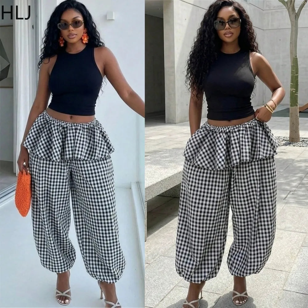 Sleeveless Top and Plaid Ruffle Pants Two Piece Set for Women