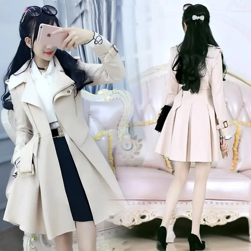 2025 Spring and Autumn Women's Windbreaker Beige British Trench Coat Mid Length Long Sleeved Fashionable Clothing