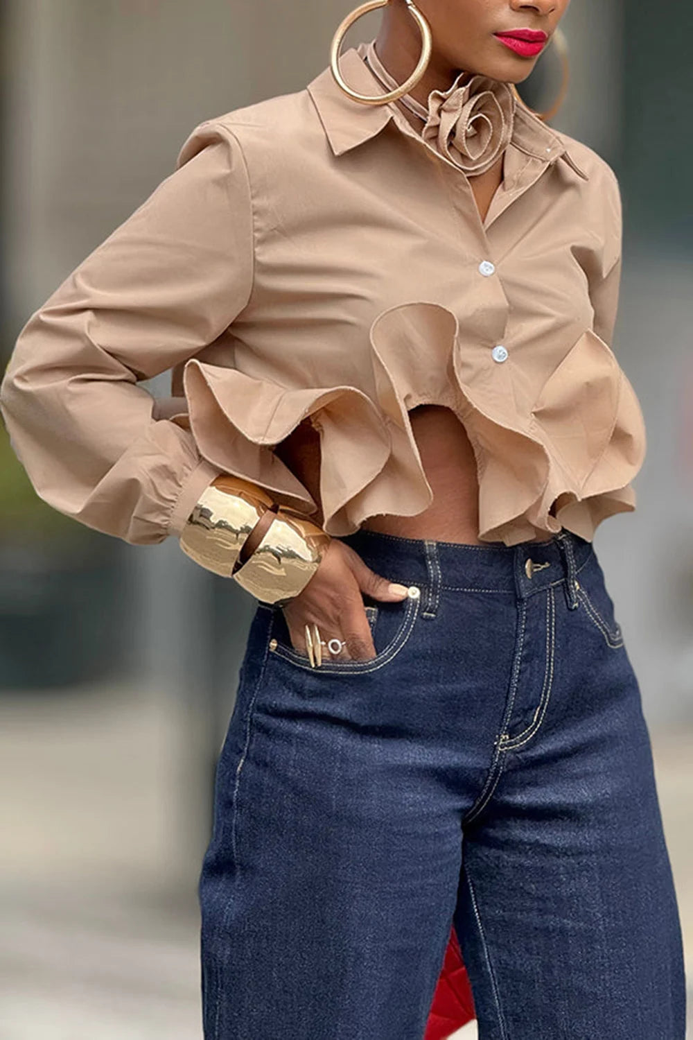 Plus Size Business Casual Khaki Elegant Shirt Collar Long Sleeve Ruffle Shirt