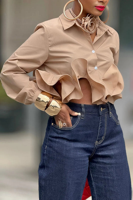 Plus Size Business Casual Khaki Elegant Shirt Collar Long Sleeve Ruffle Shirt