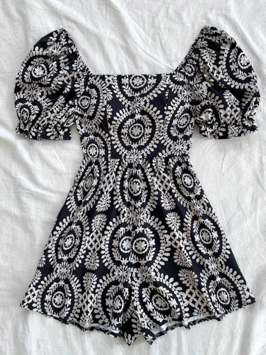 French women's thin meat-covered geometric pattern printed square-neck short-sleeved puff-sleeved jumpsuit, spring and summer