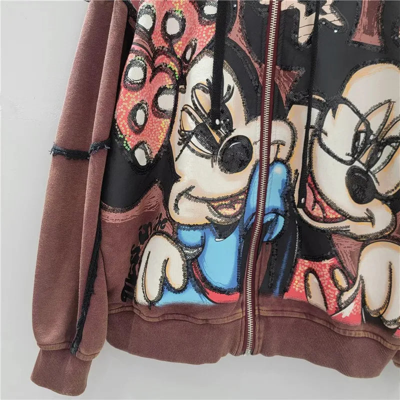 Autumn New Heavy Embroidery Cartoon Loose Coat Fashion Age-Reducing Hooded Jacket Zipper Long Sleeves Tie Top Outerwear Ladies