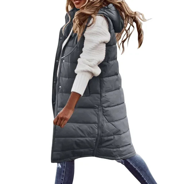 Warm Hooded Longline Sleeveless Vest Coat for Women