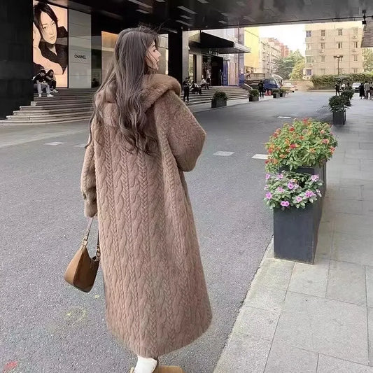 ﻿ 2025 Winter New Thick Women's Long Imitation Mink Plush Cardigan With Integrated Fur Eco-Friendly Hooded Fur Coat Solid Color
