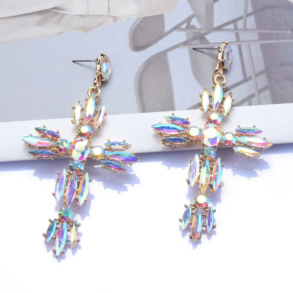 Black Crystal Rhinestone Cross Dangle Earrings for Women