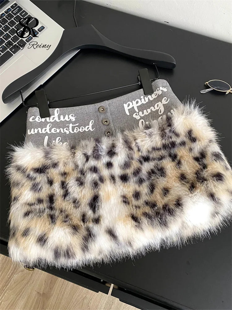 Leopard Print Furry A-Line Mini Skirt With Zipper for Women