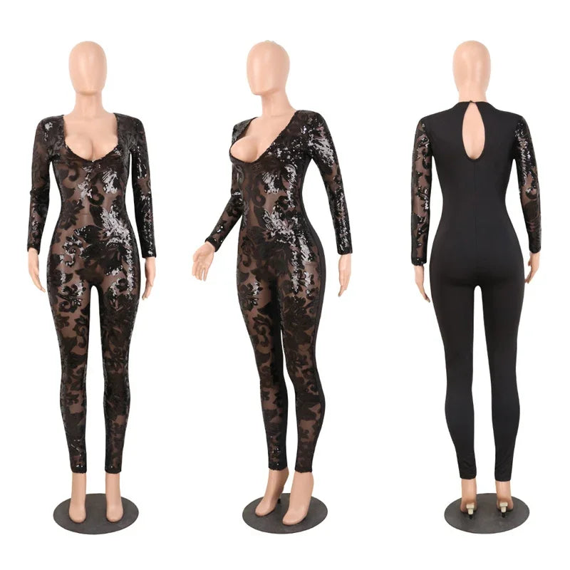 Sparkly Sequin Mesh Patchwork Evening Jumpsuit for Women