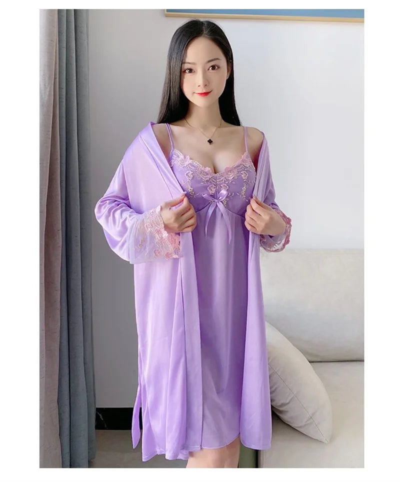 Comfortable Relaxed Fit Lace Up Two Piece Robe Set For Women