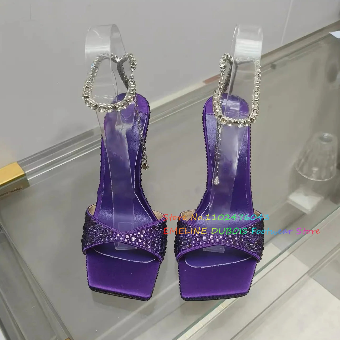 Rhinestone Chain Square Toe High Heel Sandals Women Sexy New Peep Toe Stiletto Heel Crystal Designer Brand Ladies Dress Shoes