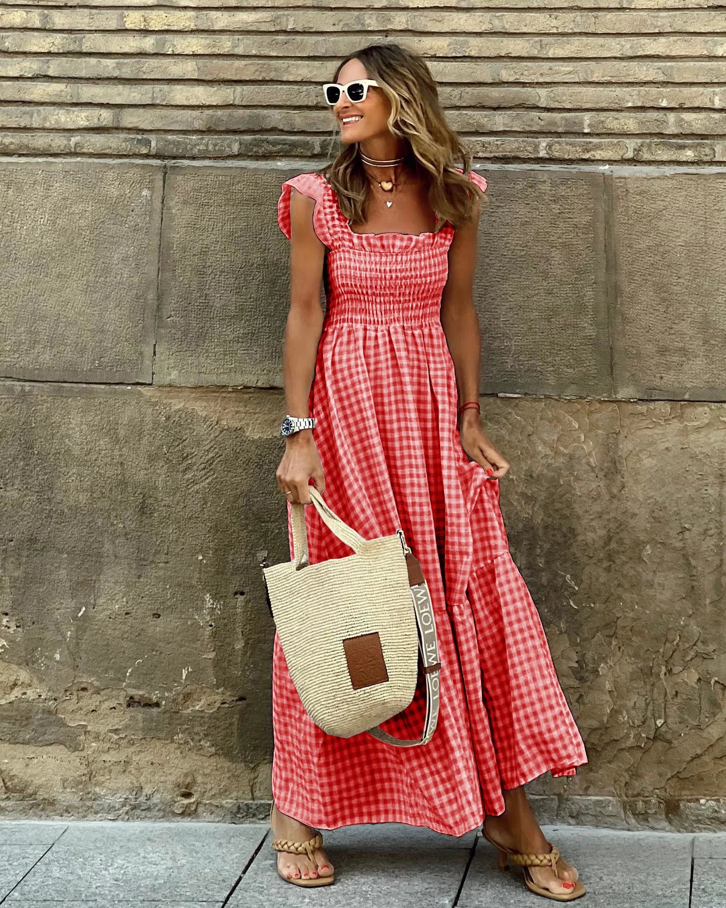 Flowy Plaid Backless Maxi Dress with Elastic Waist for Women