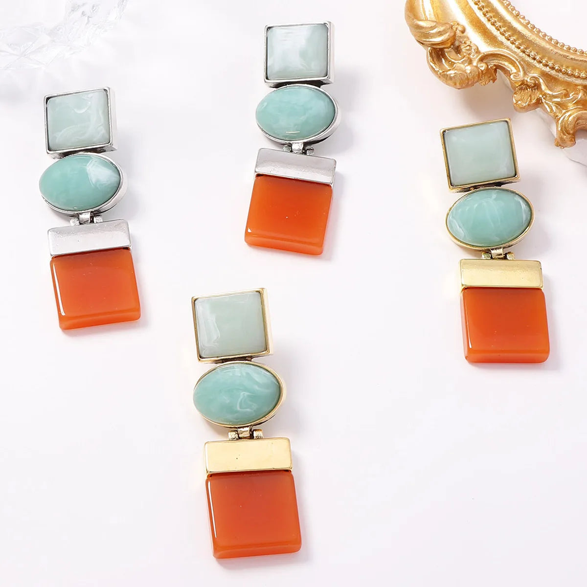 Vintage Mint Green Resin Geometric Drop Earrings for Women