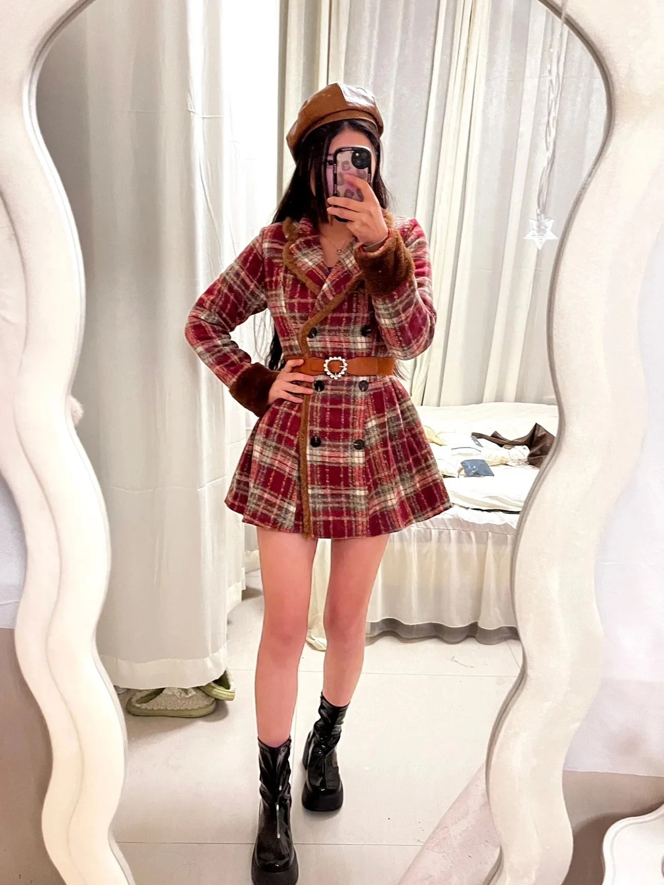 Women's Double Breasted Plaid Coat, Woolen Jacket , V-Neck, Loose Tops, Female Clothes, Sweet, New, Autumn, Winter
