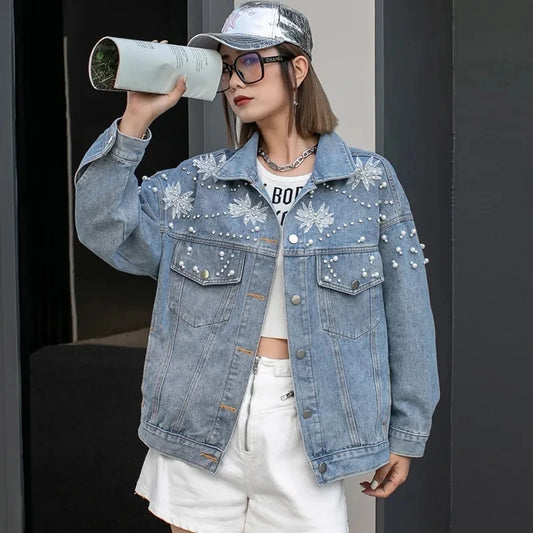 2025 New Women's Beaded Denim Jacket Loose Oversize Jeans Jacket Y2K Vintage Streetwear Casual Coat Spring Autumn Fashion Chic
