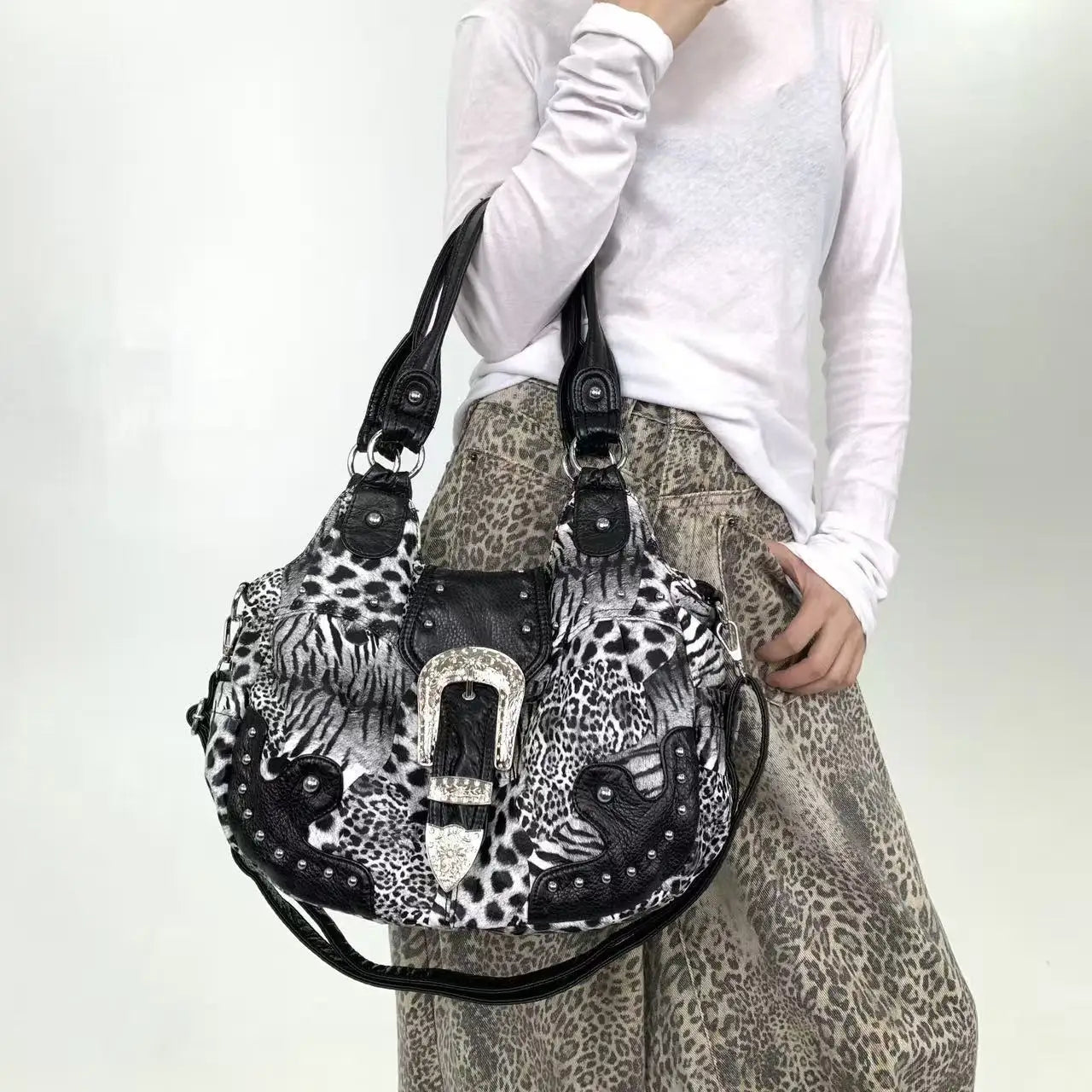 Leopard Print Patchwork Tote Bag with Pockets for Women