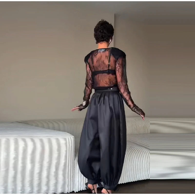 Sheer Lace Long Sleeve Blouse With Shoulder Pads for Women
