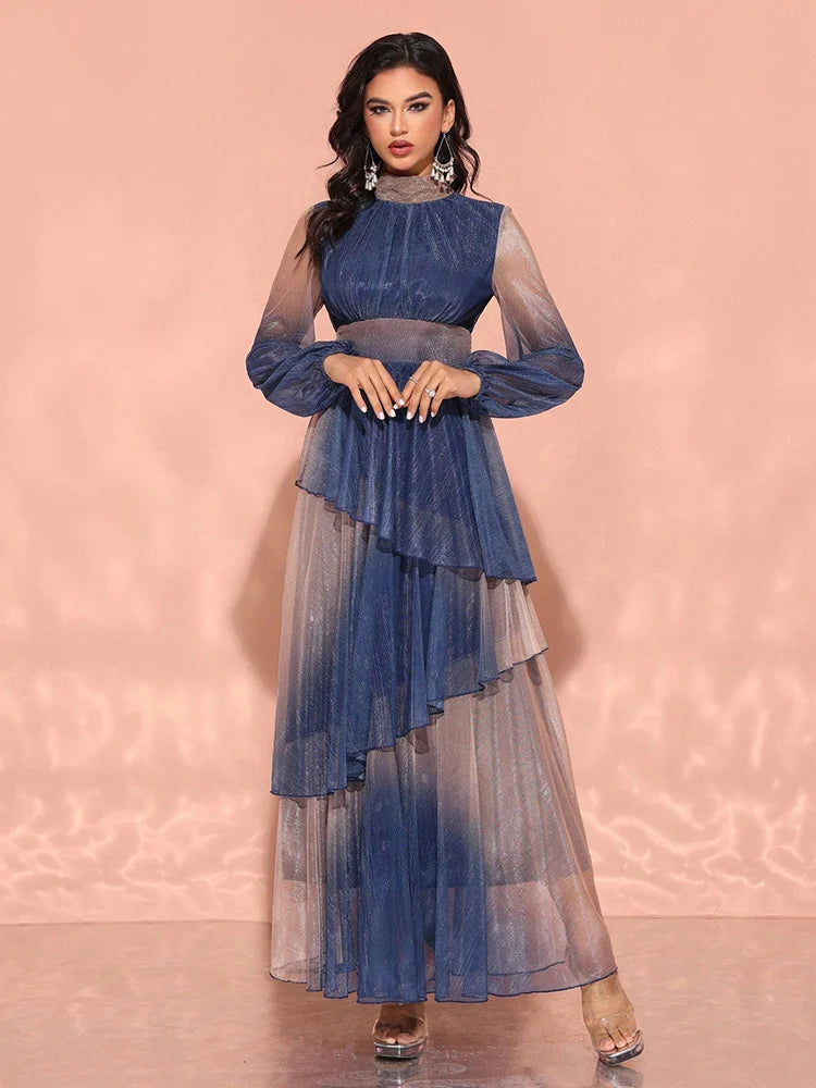 TOLEEN 2024 New Women's Luxury Elegant Party Evening Dress With Stand Collar, Lantern Sleeves, And Ruffle Hem In Gradient Fabric