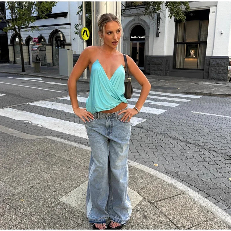 Loose Pleated Halter V Neck Backless Camisole Top for Women