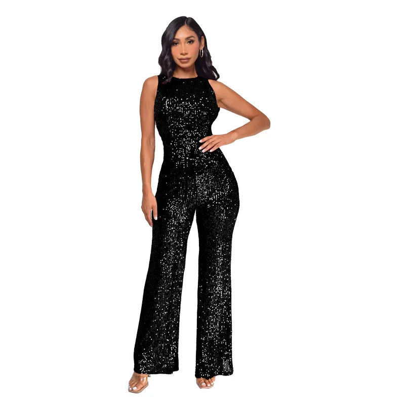 Glitter Sequin Round Neck Sleeveless High Waist Slim Fit Jumpsuit for Women