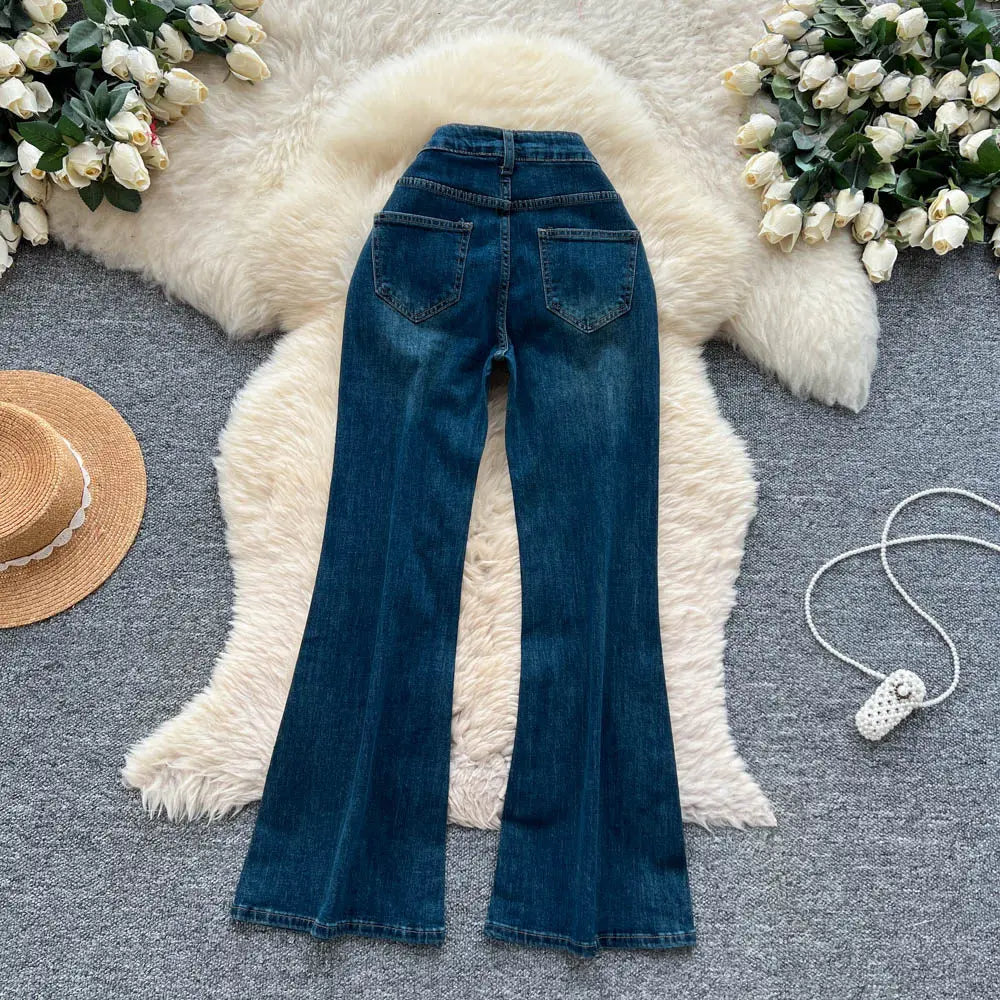 High-Waisted Rhinestone Embellished Flare Jeans for Women