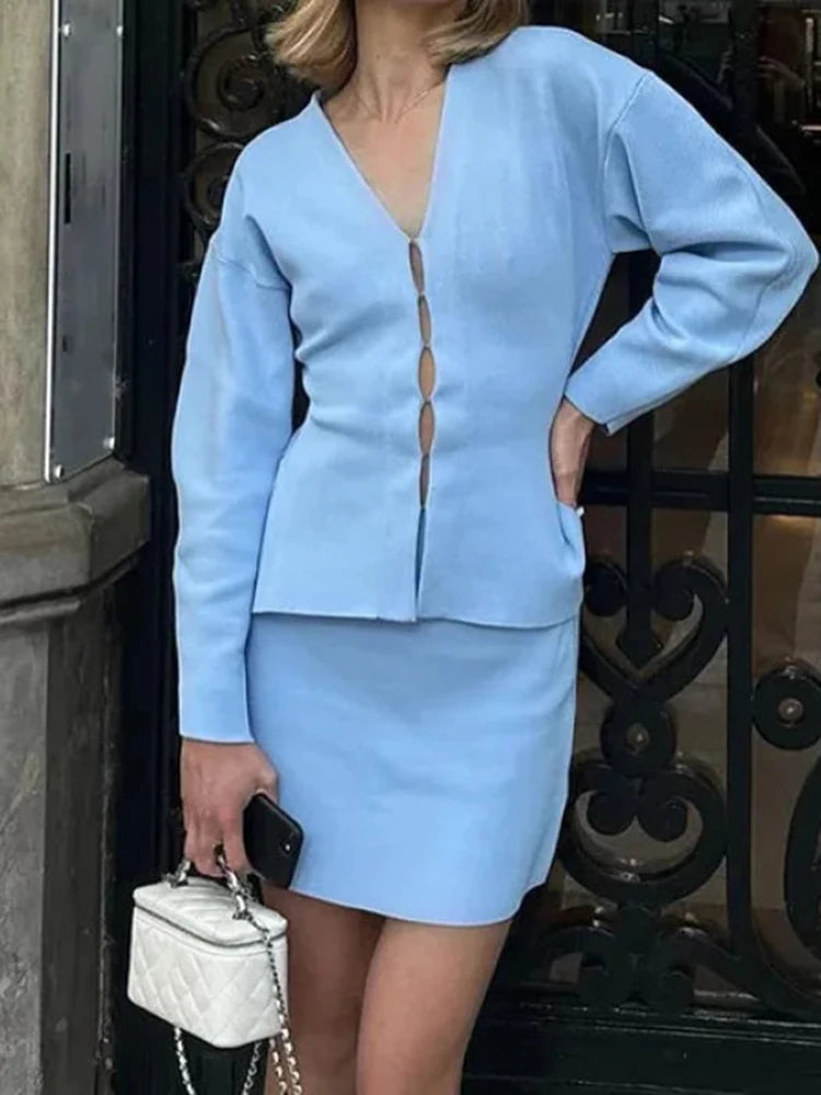 Elegant Knit Two Piece Set With Front Cutout and V Neck For Women