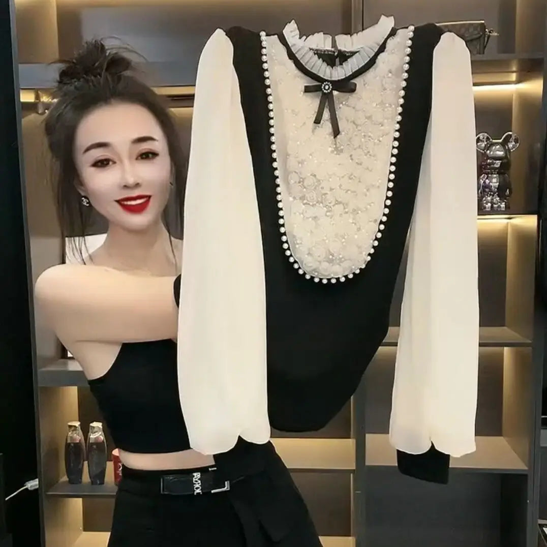 Beaded Long Sleeve O Neck Versatile Blouse For Women