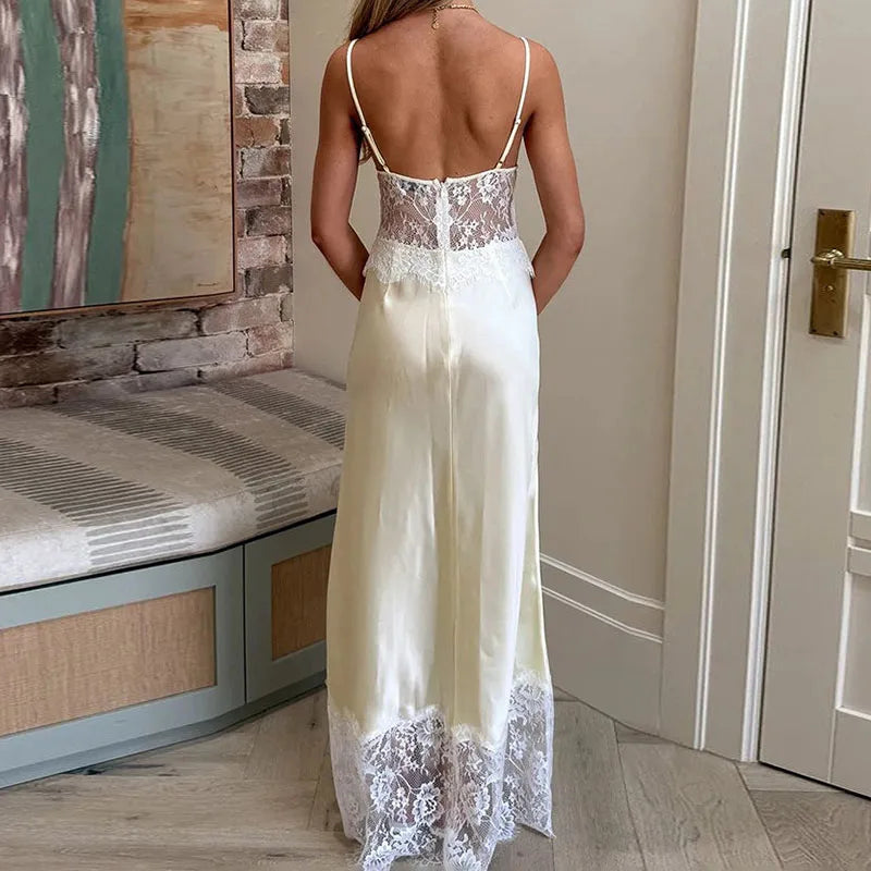 Satin Spaghetti Strap Deep V Neck Lace Patchwork Maxi Dress for Women