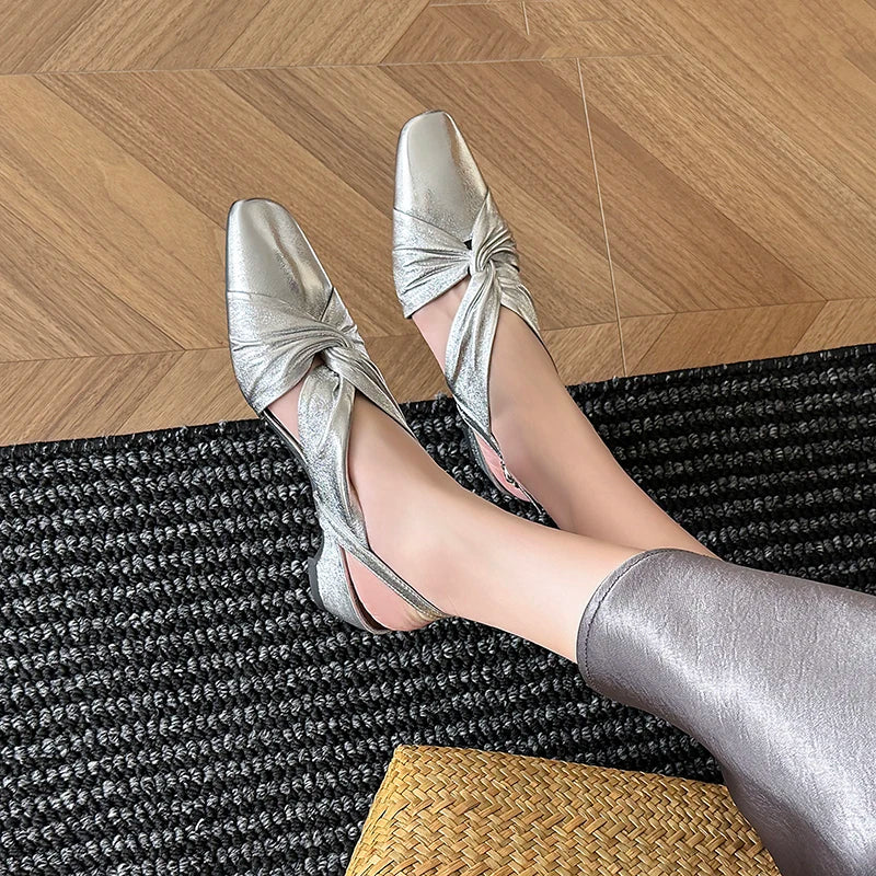 Handmade Real Leather Bowtie Square Heel Slingback Sandals for Women