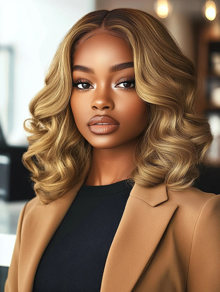 Honey Blonde Shadow Root Body Wave Bob Lace Front Wig for Women