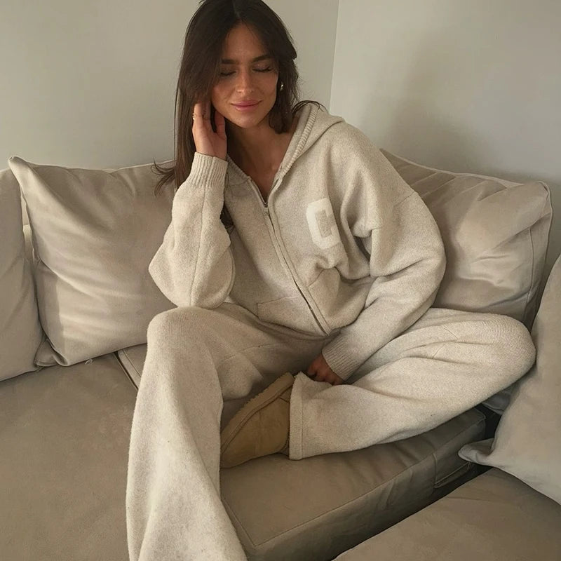 Letter Print Hooded Two Piece Set With Wide Leg Pants for Women