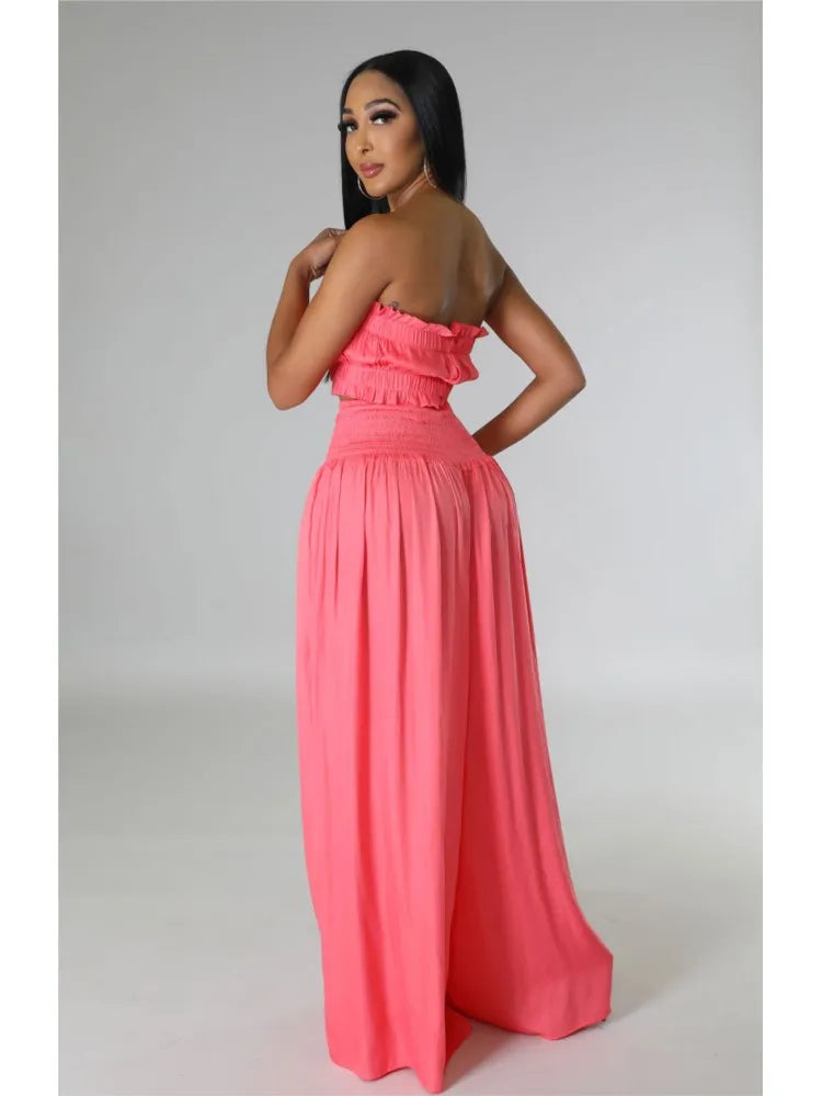 Lace Up Strapless Top Two Piece Pants Set for Women