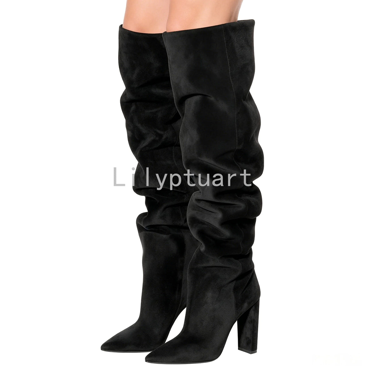 Beige Square Heel Slip-On Over-the-Knee Boots for Women