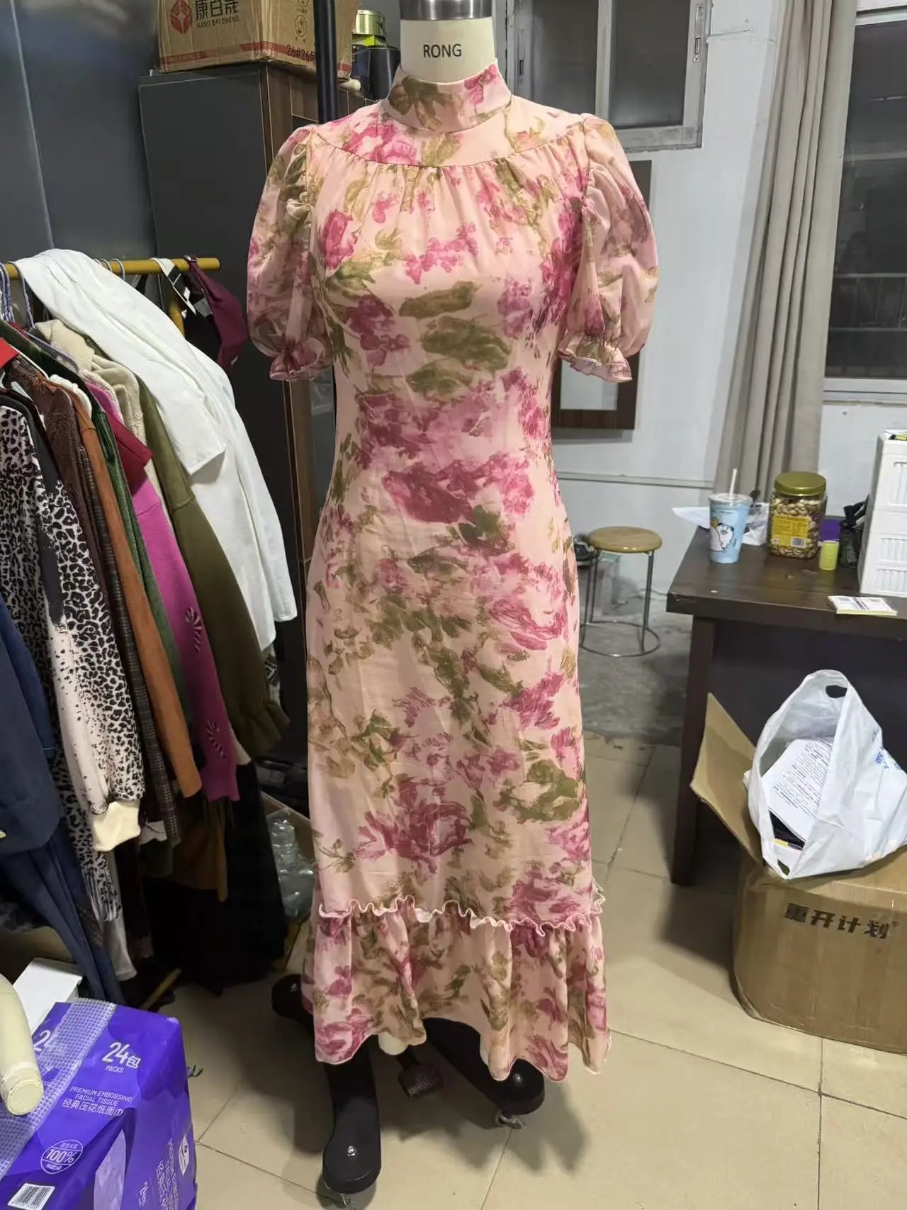 Vintage Chiffon Maxi Dress With Stand Collar Short Sleeve for Women