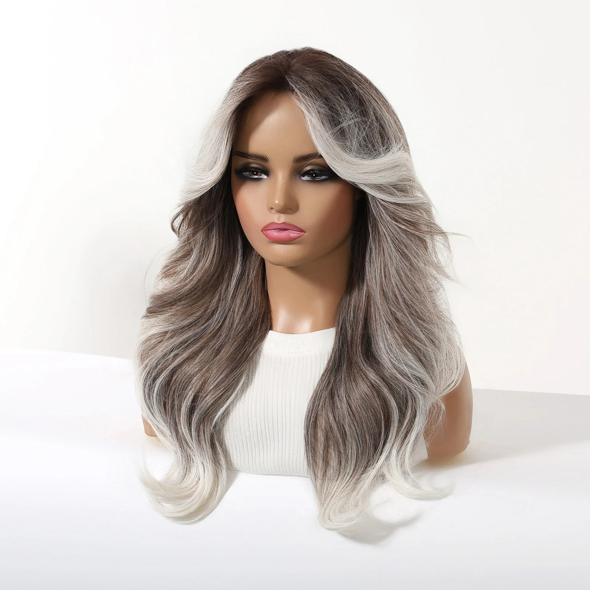 Long Wavy Grey And White Highlight Synthetic Wig for Women