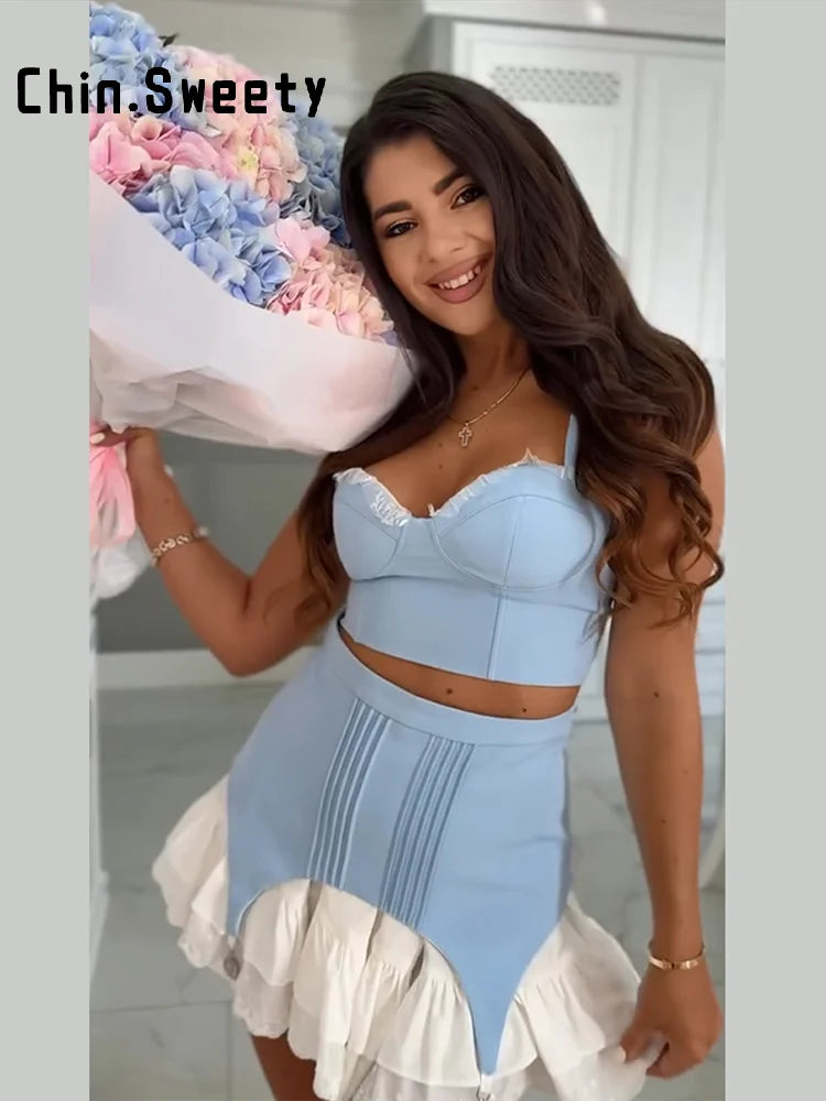 Patchwork Lace Sleeveless Mini Skirt And Camisole Set for Women