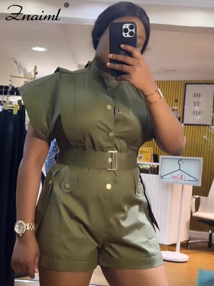 Znaiml Summer Wide Leg Pants Playsuits Rompers with Belt Women Jumpsuit Shorts Black Short Sleeve Elegant One Pieces Overslls