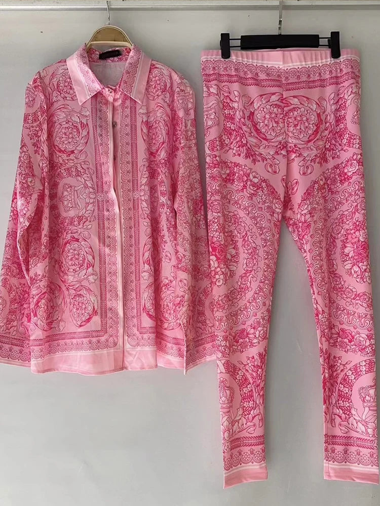 Retro Print Lapel Shirt Two Piece Suit