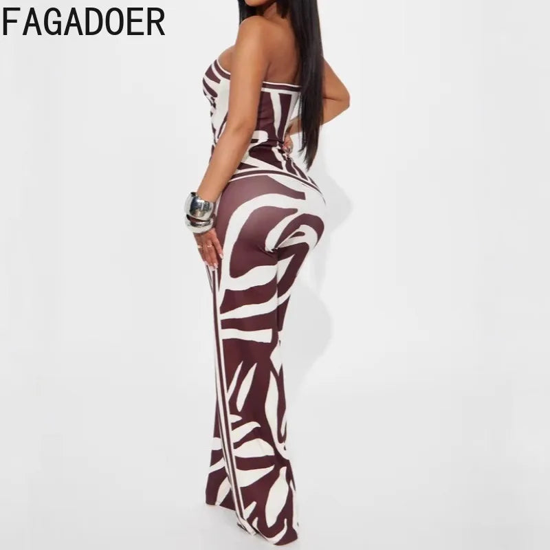 FAGADOER Fashion Stripe Print 2 Pieces Set for Woman Sleeveless Backless Top + Wide Leg Pant Outfits Matching Female Streetwear