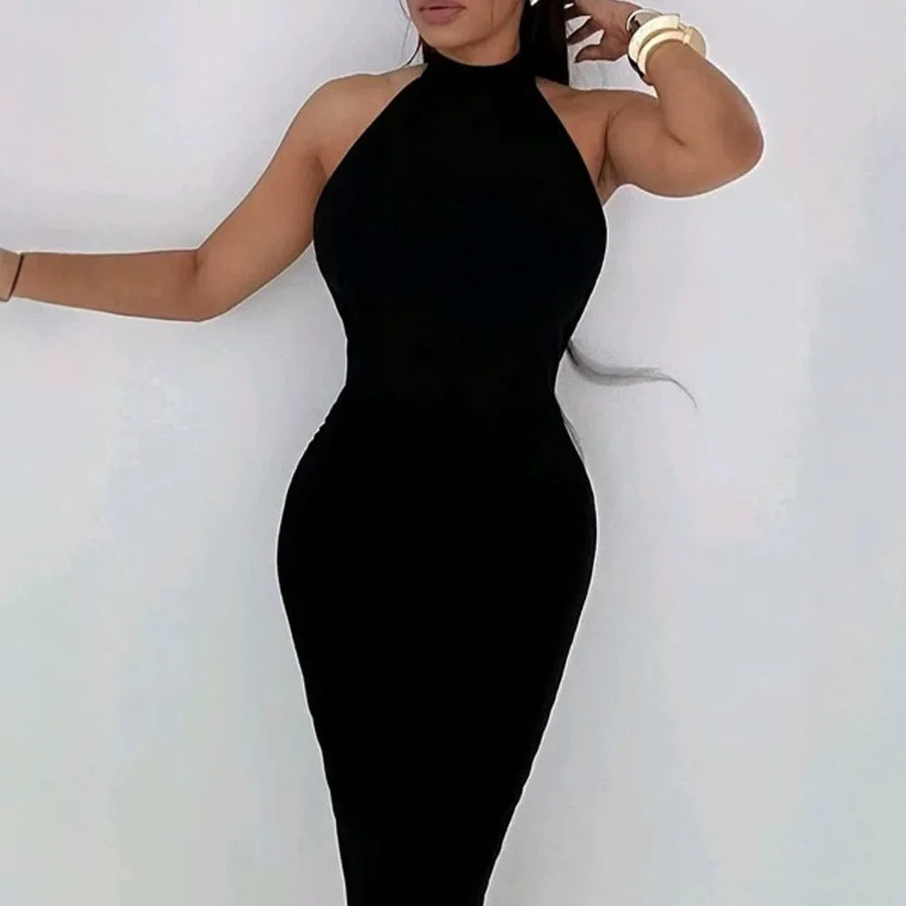 Fashion Evening Party Dresses Woman New Sexy Elegant Rose Detail Mock Neck Sleeveless Backless Bodycon Party Dress 2025 Autumn
