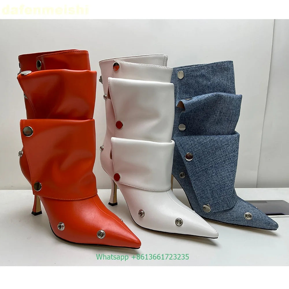 Pleated Stiletto Pointed Toe Leather Ankle Boots With Rivet Buckle For Women