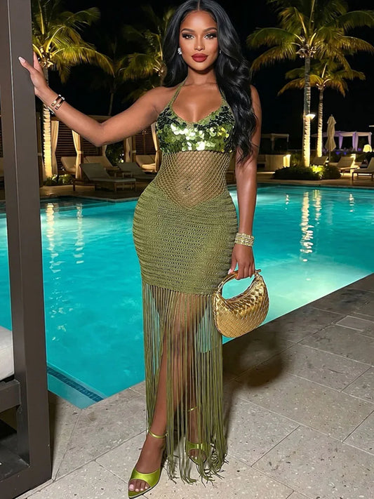 Glitter Tassel Crochet Beach Maxi Dress for Women