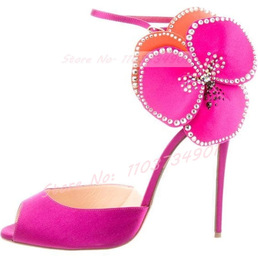 Pink Satin Crystal Peep Toe Stiletto Sandals for Women