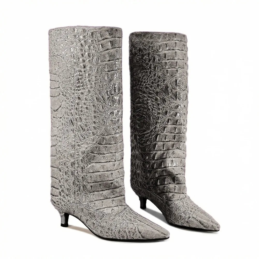 Crocodile Print Wide Shaft Kitten Heel Knee High Boots for Women
